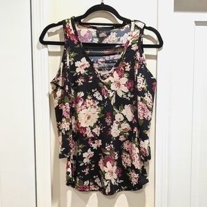 Discreet Cold Shoulder Floral V-Neck Strap Top